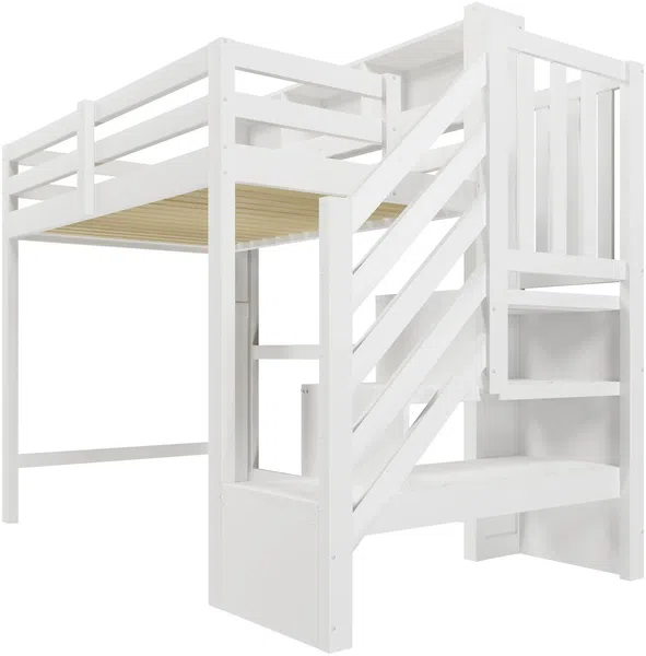 Hochbett mit RGB LED-Streifen, Stauraum, Lattenrost, Rausfallschutz und Regal, Treppe mit Regal, 90x200 cm, Kinderbett, Einzelbett, Kiefer Bild 9