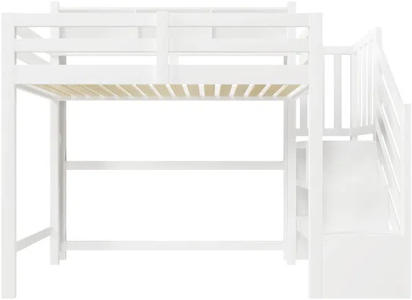 Hochbett mit RGB LED-Streifen, Stauraum, Lattenrost, Rausfallschutz und Regal, Treppe mit Regal, 90x200 cm, Kinderbett, Einzelbett, Kiefer Bild 8