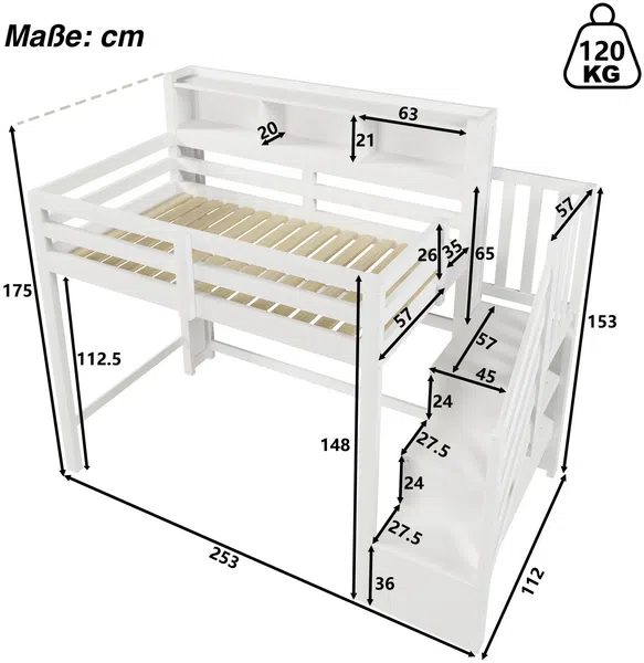 Hochbett mit RGB LED-Streifen, Stauraum, Lattenrost, Rausfallschutz und Regal, Treppe mit Regal, 90x200 cm, Kinderbett, Einzelbett, Kiefer Bild 7