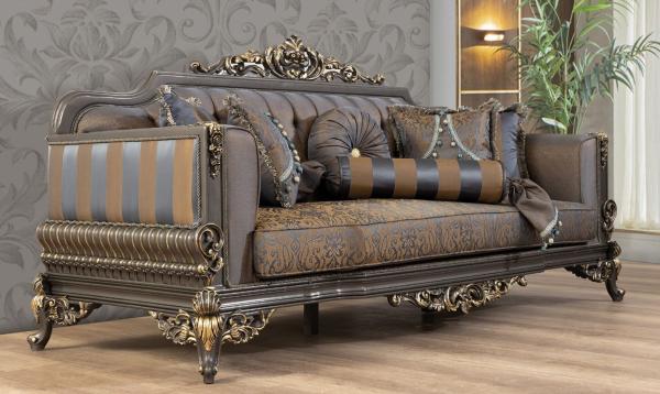 Casa Padrino Luxus Barock Sofa Blau / Grau / Gold 235 x 93 x H. 115 cm - Prunkvolles handgefertigtes Wohnzimmer Sofa mit dekorativen Kissen