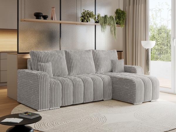 Universelles Ecksofa in Streifen genäht mit Schlaffunktion und Bettkasten, modern Stil - KIRASSO - Hellgrau Cord