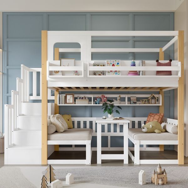 Etagenbett mit 2 Liegeflächen, Treppe, Tisch, Regalen, Rausfallschutz, 90x200cm, Liegefläche umbaubar zur Sitzgruppe, Kinderbett, Kiefer