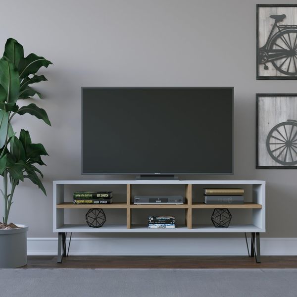 Hanah Home Stylish TV Stand with Wall-Mount Option, White & Oak, 120 x 25 x 46.6 cm | 100% Melamine Coated Particle Board, 18 mm Thick | Multiple Shelves for Modern Living Rooms