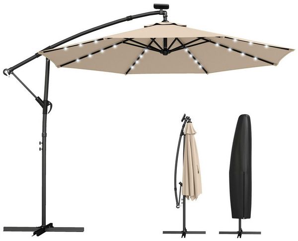 Outsunny Ampelschirm mit 360° Drehfunktion, Kurbel, Ständer, Schutzhülle, LxB: 300x300 cm, Gartenschirm, Sonnenschirm, Beige