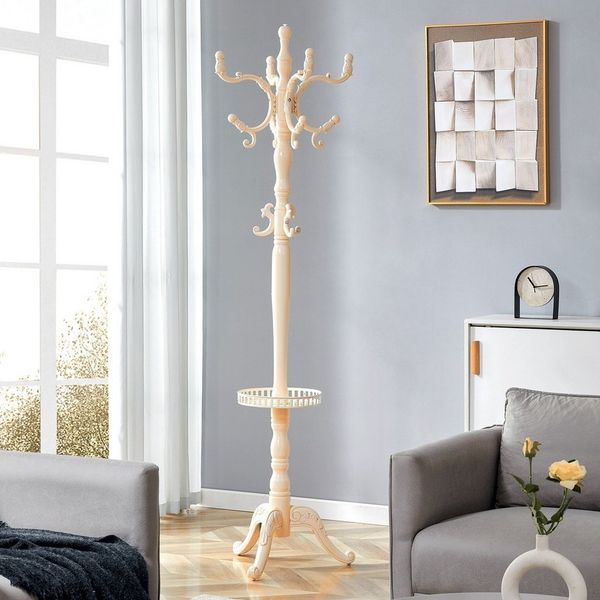 STILVORA Garderobenständer Kleiderständer aus Massivholz mit rutschfesten Füßen mit Haken, (Kleiderstange in cremeweißem Massivholz mehrfach bestückt, stabil, einfach zu montieren und mit rutschfesten Füßen), Stabile Tragfähigkeit, Meisterhafte Handwer...
