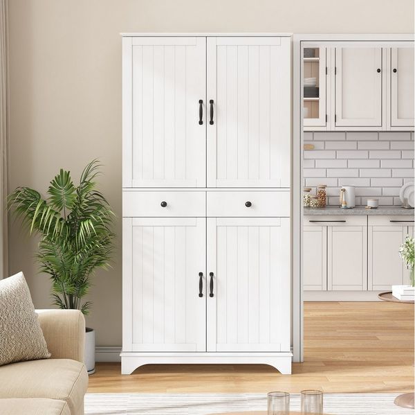 Celya Hochschrank mit verstellbaren Regalböden und Schubladen (mit ausziehbaren Regalböden und Kühlschranktüren) Ideal für Esszimmer, Wohnzimmer und Küche