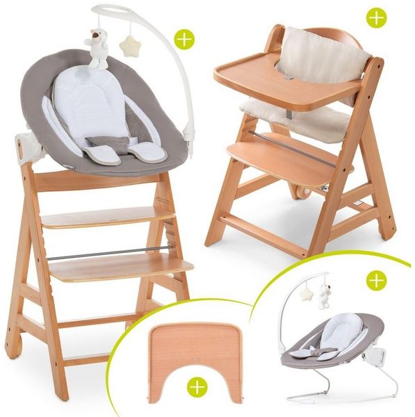 Hauck Hochstuhl Alpha Plus Move Natur Newborn Set (5 St), Babystuhl ab Geburt mit Aufsatz für Neugeborene, Essbrett, Sitzauflage