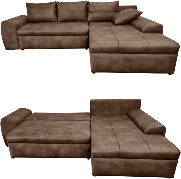 Ecksofa Vintage Schlafsofa Eckcouch L-Sofa mit Ottomane und Bettkasten in Braun