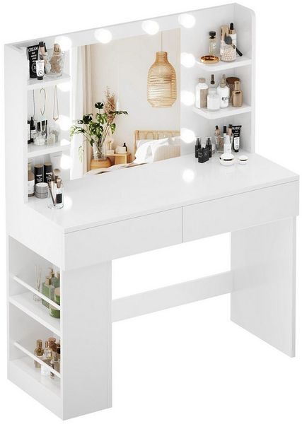 HOMALL Schminktisch Mit dreifarbiger LED-Beleuchtung, Helligkeit einstellbar (Länge × Breite × Höhe) 90 × 40 × 137 cm, mit Steckdose und 2 USB-Anschlüssen, seitliche Schränke links und rechts austauschbar, 8 offene Ablagefächer, 2 Schubladen, 4 Schmuck...