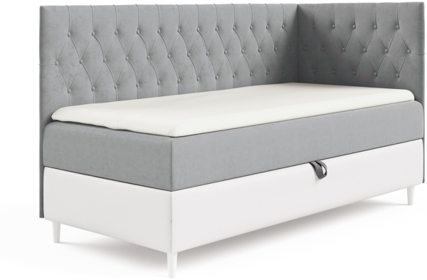 MEBLINI Kinderbett mit Bettkasten FILIPPO 3 90x200 Rechts – H3/Grau Samt Gepolstert Einzelbett mit Matratze - Polsterbett mit Stauraum - Bett mit Kopfteil – Stauraumbett