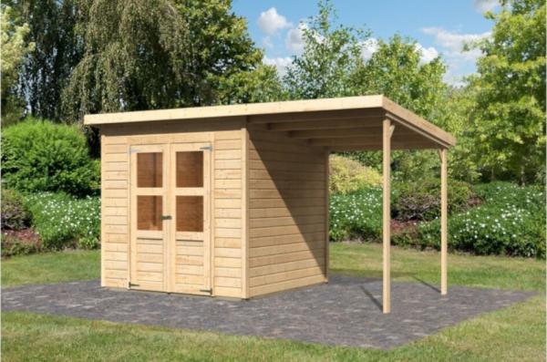 Karibu Gartenhaus 14 mm Merseburg 4 Gerätehaus mit Anbau 374 x 214 cm unbehandelt