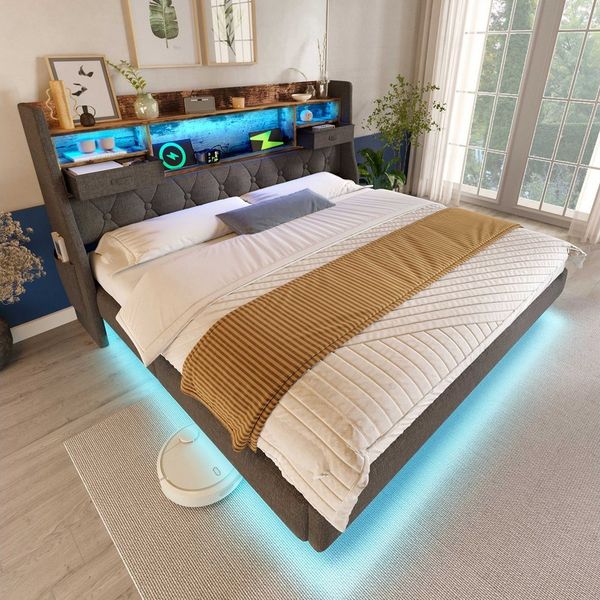BlingBin Polsterbett Schwebebett (1-tlg, mit LED-Beleuchtung, Kopfteil-Stauraum, USB- & Type-C-Ladestation), Doppelbett 180x200 cm, 15 cm Bodenfreiheit, bis 300 kg belastbar