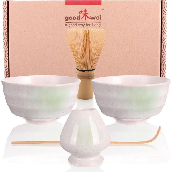 Goodwei Teeservice Matcha Teezeremonie Duo-Set "Shiro": 2 Schalen, Besen u. Besenhalter (5-tlg), 1 Personen, Keramik, handgearbeitet