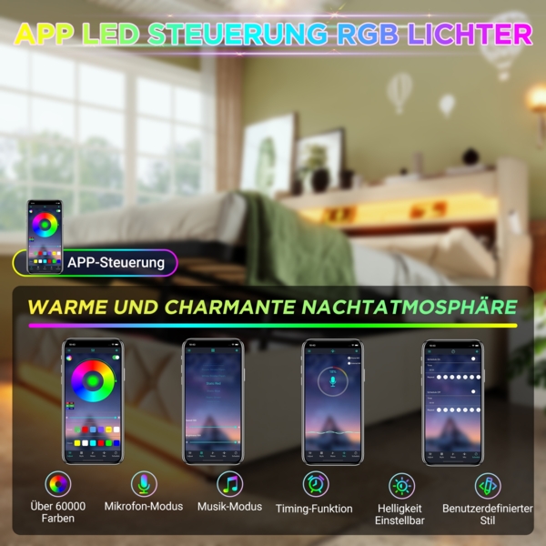 Polsterbett Betten mit Hydraulisch Stauraum, USB und Typ C-Port, LED-Funktion, Beige,90*200cm,ohne Matratze Bild 6