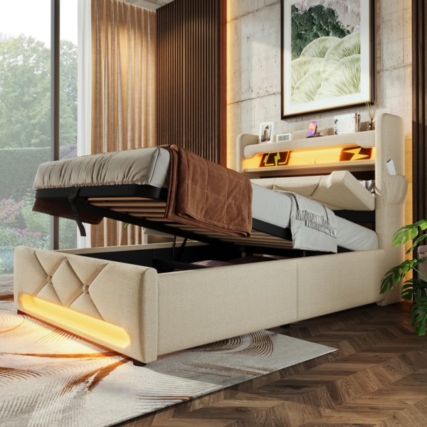 Polsterbett Betten mit Hydraulisch Stauraum, USB und Typ C-Port, LED-Funktion, Beige,90*200cm,ohne Matratze Bild 2