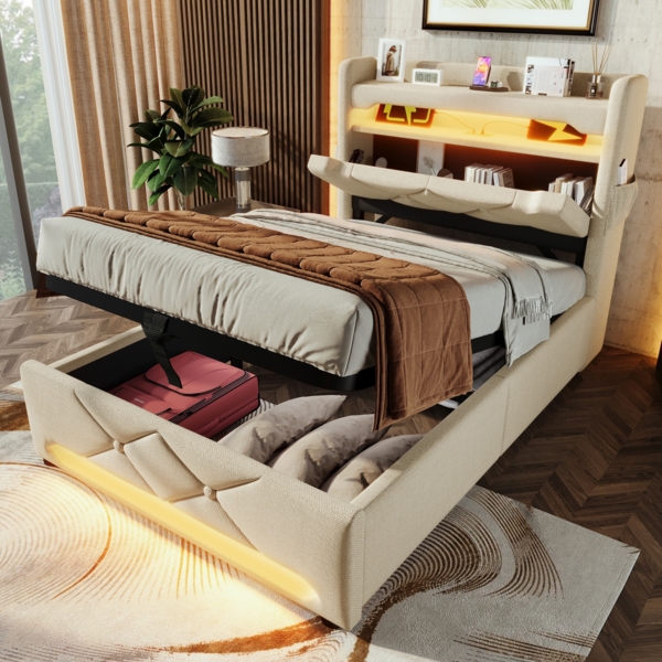 Polsterbett Betten mit Hydraulisch Stauraum, USB und Typ C-Port, LED-Funktion, Beige,90*200cm,ohne Matratze Bild 3