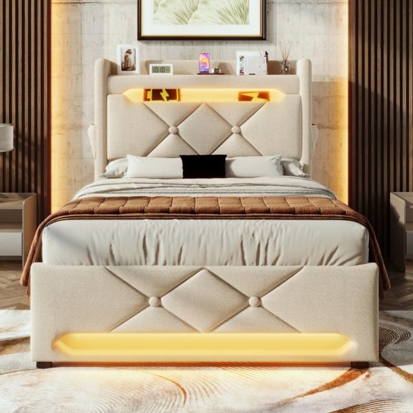 Polsterbett Betten mit Hydraulisch Stauraum, USB und Typ C-Port, LED-Funktion, Beige,90*200cm,ohne Matratze Bild 4