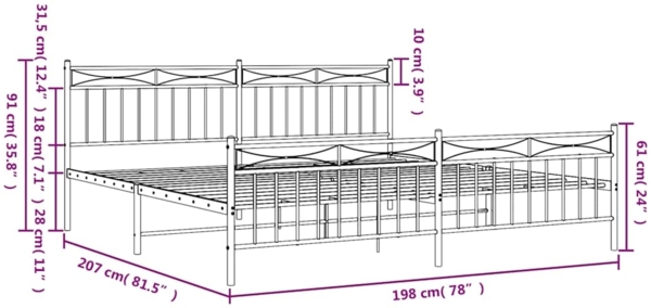 vidaXL Bettgestell mit Kopf- und Fußteil, Metall, Weiß, 193x203 cm Bild 9