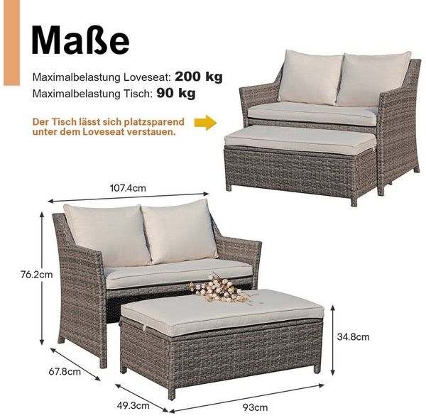 JOIVI Gartenbank 2-tlg Outdoor Rattan Gartenbank (Terrasse Loveseat mit Couchtisch, mit integriertem Staufach), grauem Rattan und grauen Kissen