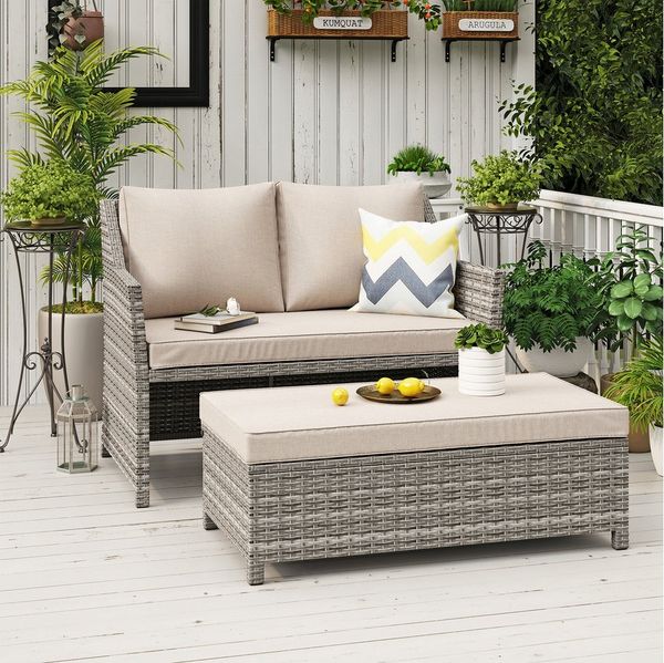Sunsitt Gartenbank 2-tlg Outdoor Rattan Gartenbank (Terrasse Loveseat mit Couchtisch, mit integriertem Staufach), grauem Rattan und grauen Kissen