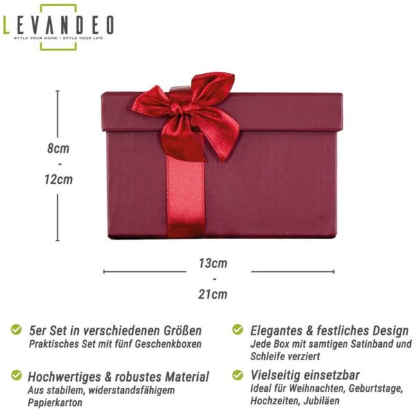 Levandeo® Geschenkbox, Geschenkbox 5er Set mit Deckel Bordeaux Rot Weihnachten Schachtel