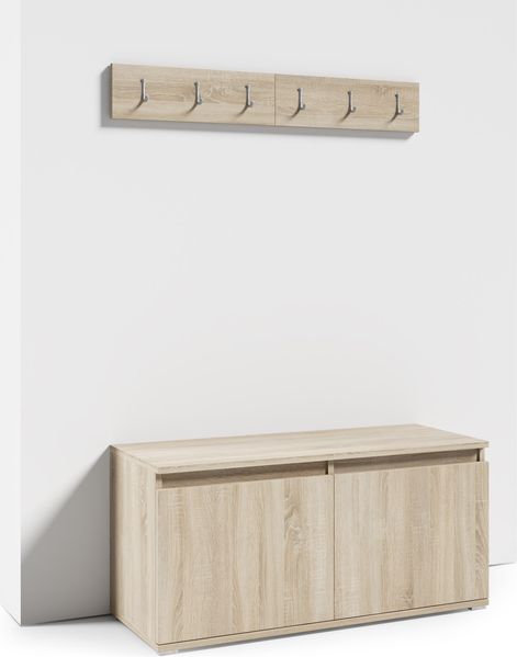Schuhschrank 100 cm Modulo mit Wandhaken, Sitzbank, Flurmöbel, Eiche Sonoma, moderne Schuhaufbewahrung, 2 Kleiderhaken, 49,5 x 40 x 100 cm