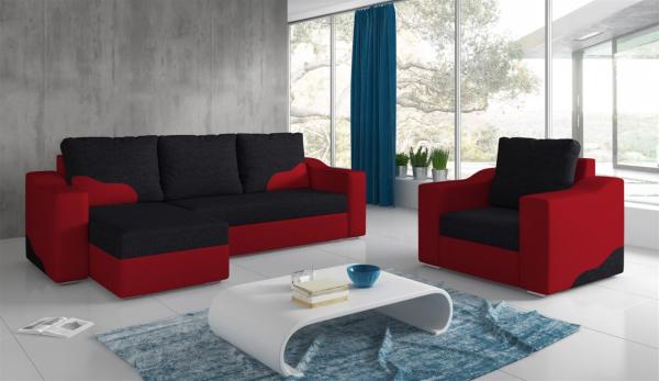 Ecksofa Set COLLIN Ottomane Links + Sessel Rot / Schwarz