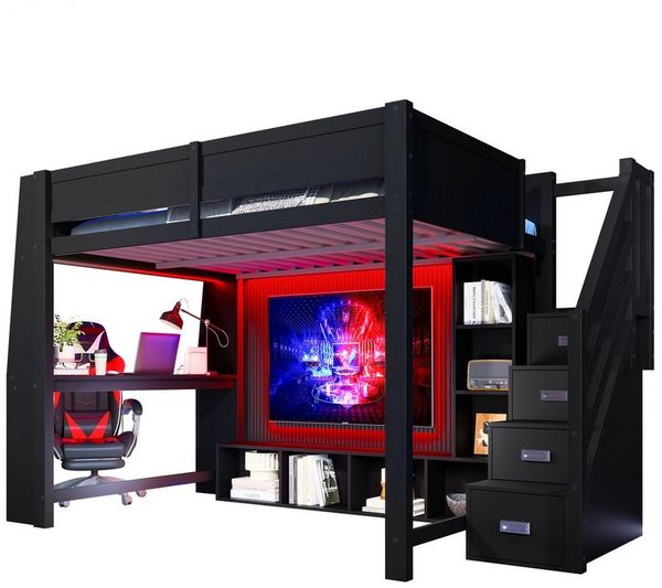 OKWISH Hochbett mit 5 Schubladen & Ausziehböden (mit LED-Beleuchtung, Schreibtisch & Stauraumtreppe, Schwarz, 1-St, 278.5 x 145 x 170)
