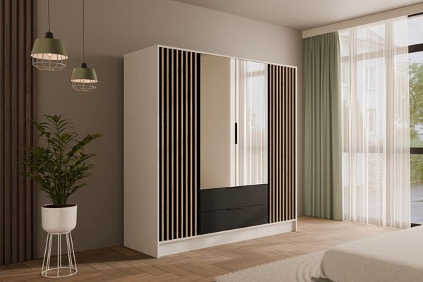 ALTDECOR Drehtürenschrank NELIA (Kleiderschrank Garderobenschrank mit viel Stauraum, Moderner Schrank) Vielseitiger Drehtürenschrank mit Spiegeltüren Spiegel Lamellen