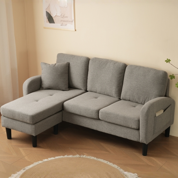 Merax 166cm L-förmiges Ecksofa mit Chaiselongue – 3-Sitzer Sofa, Atmungsaktiver Baumwoll-Leinenstoff, Kunststoffbeine, Antikgrau