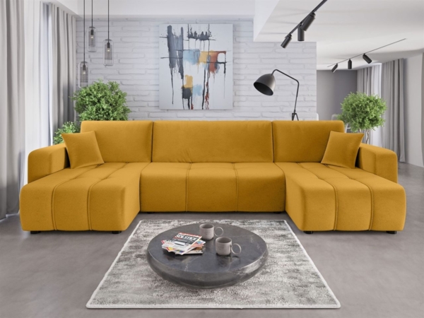 Wohnlandschaft mit Schlaffunktion DAGNY Sofa U-Form in Stoff Kronos Senfgelb