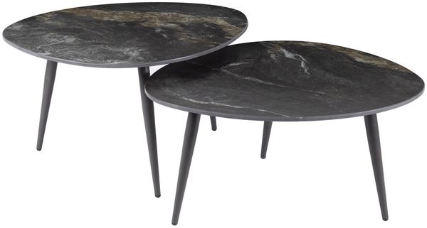 Couchtisch Set Cerami Fossil aus schwarzer Keramik, modern dreieckig, Marmor-Optik, 2-teilig