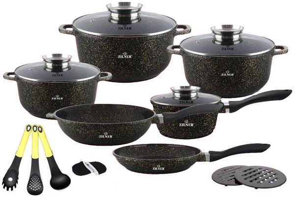 Zilner Topf-Set Schwarze Goldene Töpfe mit Pfannen und Kasserolle Steinbeschichtung, Aluminiumguss (sehr hochwertig, 17-tlg, Zeitloses Design des Topfsets. Eine ideale Geschenkidee)