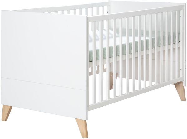 roba Kombi-Kinderbett Leon 70x140 cm - Babybett mit 3 Schlupfsprossen & 3-fach höhenverstellbarem Lattenrost - Gitterbett ab Geburt bis 7 Jahre - Umbaufähig - Modernes Design mit massiven Füßen - Weiß