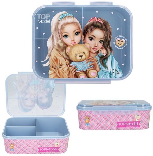 Depesche 13255 TOPModel Team Teddy - Brotdose in Rosa, mit Model Motiv und Karo Muster, Lunchbox mit 3 Fächern und transparent-blauem Deckel