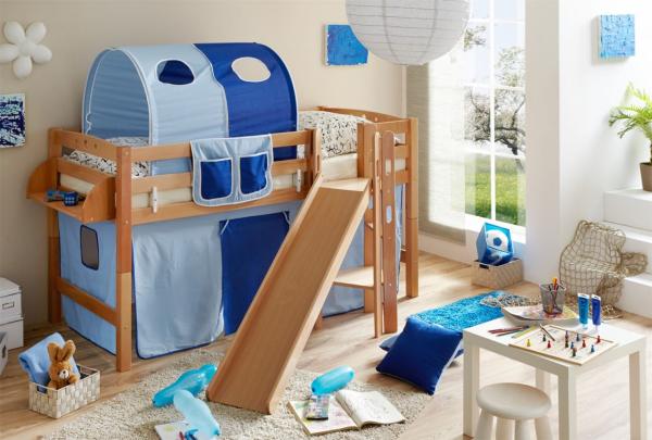 Hochbett mit Rutsche "Tino" 90x200 Buche massiv Natur Bild 1