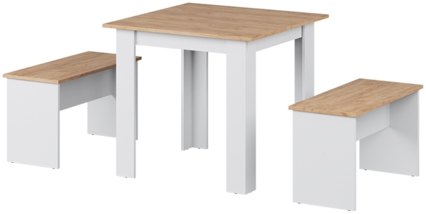 Esstisch Set Sentio Goldkraft Eiche/Weiß 80 x 80 cm mit 2 Bänken Vicco