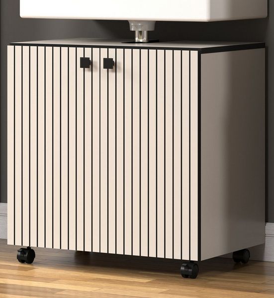 Furn. Design Waschbeckenunterschrank Calmed (Badschrank in Cashmere grau, Staboptik, 2-türig, 60 x 64 cm) auf Rollen