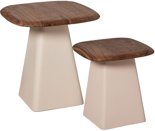 DRW Set mit 2 Beistelltischen aus Holz und Metallsockel in Natur und Beige, 50 x 50 x 52 cm