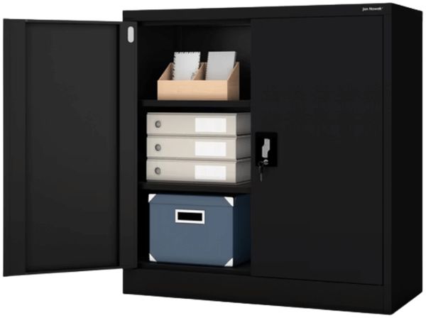 Aktenschrank abschließbar BEATA - 3 Ebenen verstellbar, Flügeltüren | Metallschrank Werkstatt Mehrzweckschrank Büroschrank aus Stahl Werkzeugschrank, 93x90x40cm Schwarz