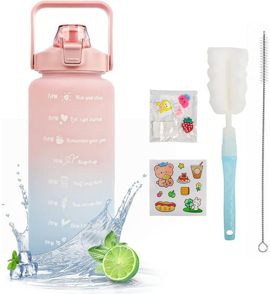 2L BPA-freie Trinkflasche mit Strohhalm, Zeitmarkierungen, Auslaufsicher - Rosa