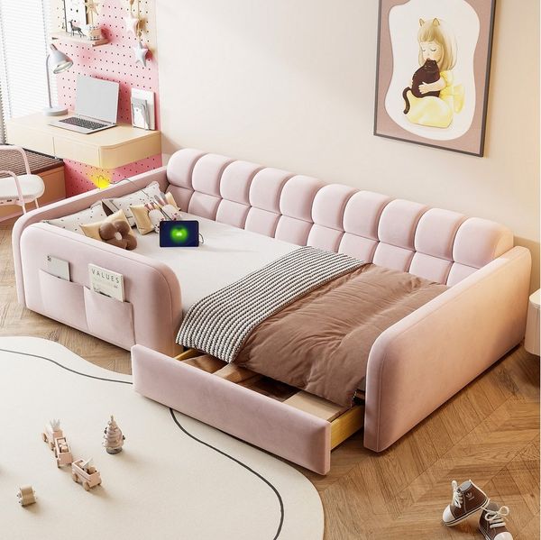 REDOM Polsterbett Kinderbett mit Schublade, 4-seitiges Sicherheitsgeländer (integriertem Nachtlicht & USB/USB-C Ladeanschluss, weiches Samt-Sofa-Kopfteil, Jugendbett Einzelbett 90x200 cm), Inklusive Matratze