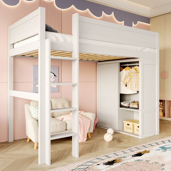 Hochbett aus Kiefernholz mit Kleiderschrank & Staufach, 90x200 cm, Weiß, ohne Matratze
