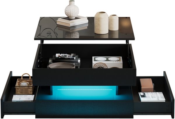 Couchtisch 65x65x38,5 cm mit anhebbarer Tischplatte, Hochglanz-Oberfläche, 2 Schubladen und LED-Lichtleiste Bild 7