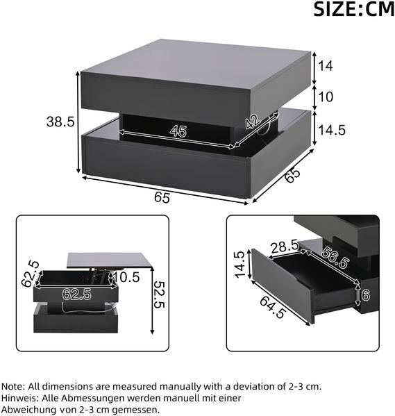 Couchtisch 65x65x38,5 cm mit anhebbarer Tischplatte, Hochglanz-Oberfläche, 2 Schubladen und LED-Lichtleiste Bild 5