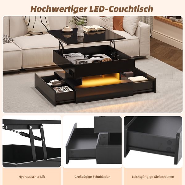 Couchtisch 65x65x38,5 cm mit anhebbarer Tischplatte, Hochglanz-Oberfläche, 2 Schubladen und LED-Lichtleiste Bild 8