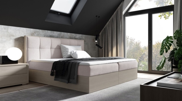 Boxspringbett Bett THANOS 180x200cm Nordic Teak Stoff Hellbeige inkl. Bettkasten