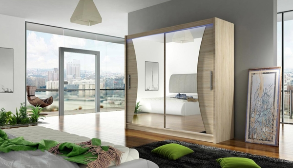 Kleiderschrank London V, mit RGB LED Beleuchtung, Farbe: Sonoma Eiche / Spiegel