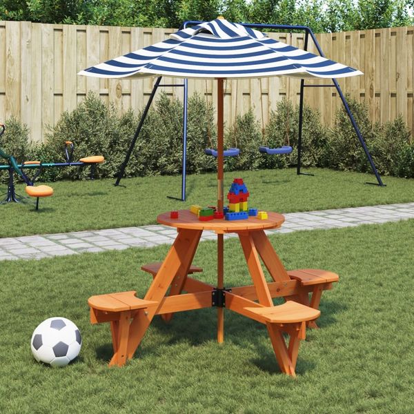Gartentische, Picknicktisch für 4 Kinder mit Sonnenschirm Rund Tannenholz