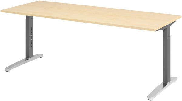 bümö manuell höhenverstellbarer Schreibtisch 200x80 in Ahorn, Gestell in graphit/alu - PC Tisch höhenverstellbar & groß, höhenverstellbarer Tisch Büro, großer Computertisch verstellbar, X20-3-GC